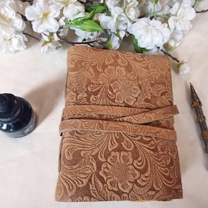 Floral Tooled Leather Journal: Vintage Deckle Edge Paper, Book of Shadows