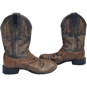 Vintage leather cowboy boots | unisex western boots uk 8 | distressed mid-calf biker boots | rustic festival shoes | american made in usa
