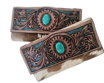 Tooled Leather Cowhide Wallet: Turquoise Stone, Western Floral Design