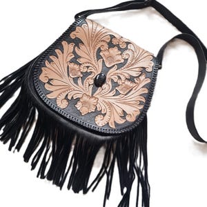 Handcrafted floral tooled leather bag with fringe - boho chic style