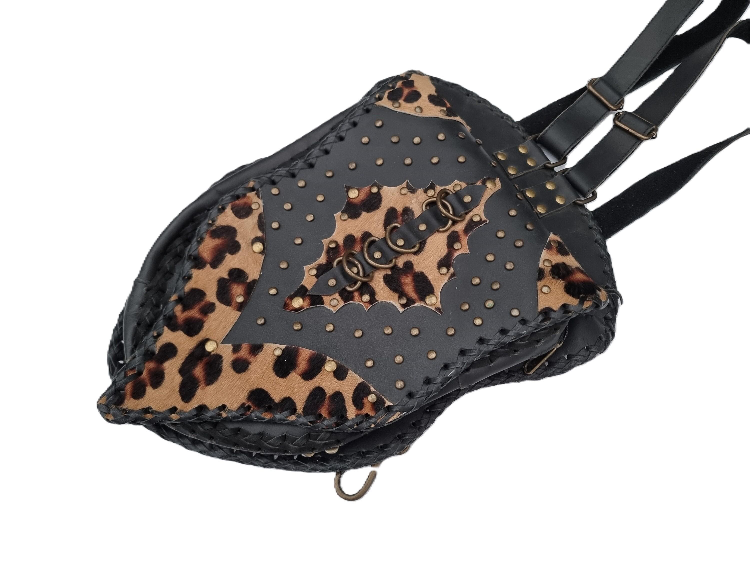 animal studs leather backpack Cowhide Leather Backpack, Leopard Print Steampunk Bag, Studded Festival  Rucksack