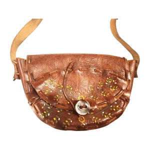 Tooled Leather Handbag: Hand-Painted Floral Design, 70s Hippie Boho Purse