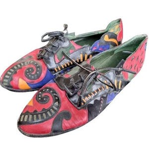 Zapatos planos vintage de cuero Beverly Feldmann, talla 38, 5, 7, únicos y originales, para mujer, con estampado abstracto, para festival, disfraz de los años 80.