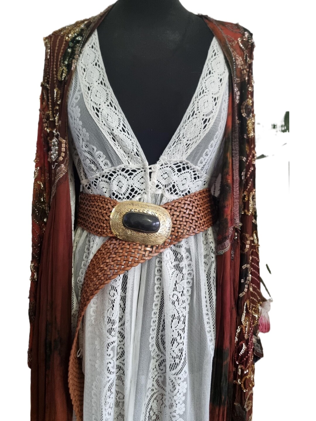 Braided Leather Belt: Wide Boho Waist Belt With Engraved  display picture 3