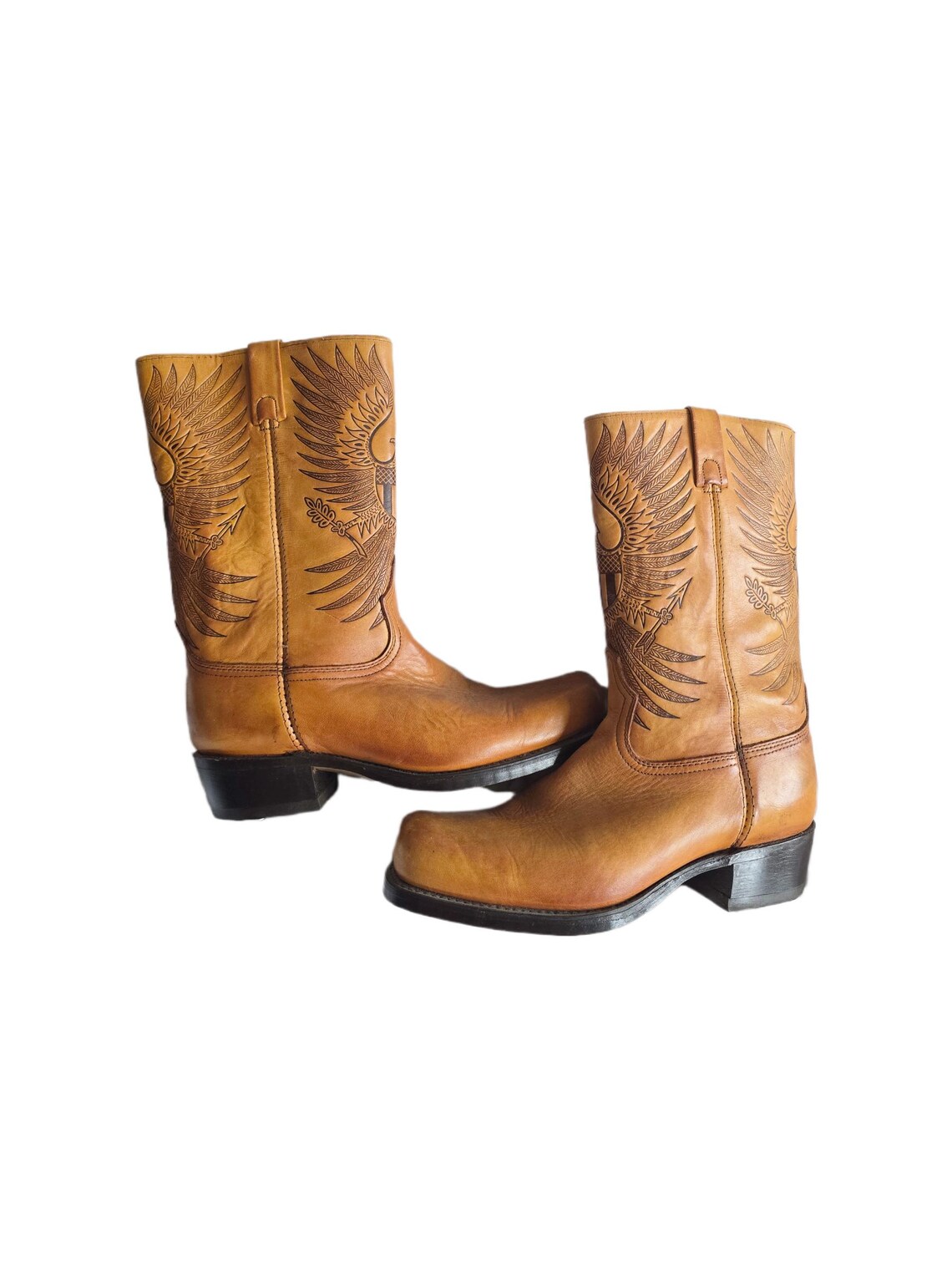 Vintage Tooled Tan Leather Biker Boots UK 8.5, Western Boots Men, Eagle Design Knee High Motorcycle Boots Women 42.5, American Workwear, foto 3 di 5