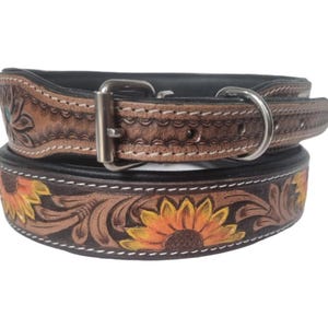 Tooled Leather Sunflower Dog Collar: Western Style, Large Breeds