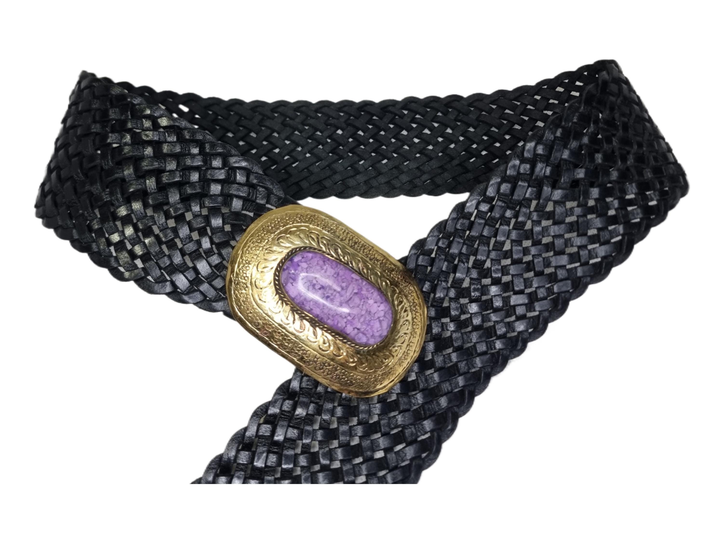 Elegant Black Suede Leather Woven Belt with Silver Buckle Sz L 40” W Boho Chic Silver-Ostrich-Luxury-Belts-  main image 3