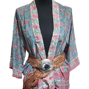 Boho Silk Patchwork Kimono Jacket: Upcycled Indian Fabric, Floral Pattern