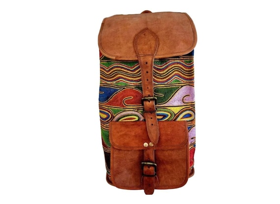 Embroidered Leather Boho Backpack: Large Tapestry Rucksack  display picture 1