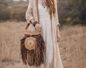 Tooled Leather Fringe Crossbody Bag: Turquoise Stone, Western Handbag