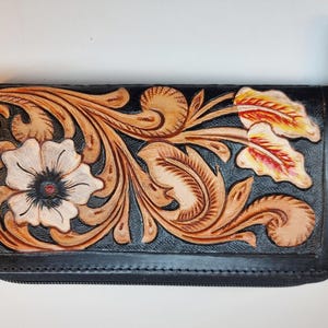 Hand Tooled Leather Wallet: Floral Carved, Antique Black, Western Style
