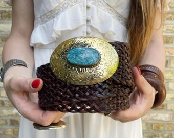 Vintage Braided Moroccan Leather Belt Brass Buckle Boho 70s Vintage Moroccan Braided Leather Belt Large Metal Buckle  main image 3