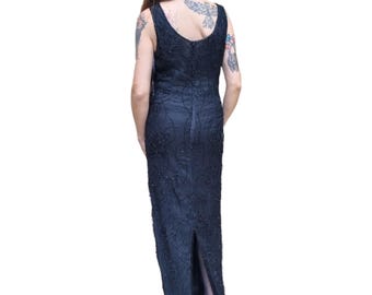 Vestido largo vintage de seda con cuentas: vestido de noche adornado, talla S
