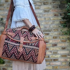 Personalised leather duffle bag women - vintage moroccan kilim travel bag - large weekender bag for her - unique hand luggage