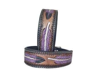 Hand Tooled Leather Dog Collar: Western Boho Feather Design