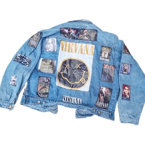 Upcycled nirvana denim jacket | 90s grunge oversized unisex levi&#39;s | vintage punk rock fan gift | nirvana sewn on iron on patches