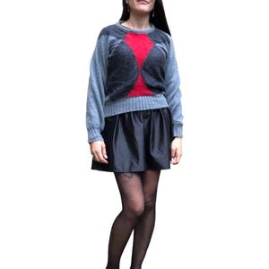 Vintage mohair jumper red grey s m - geometric angora wool knit sweater | hand knitted abstract pullover | bohemian 80s 70s winter top
