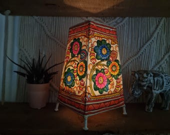 Handmade Floral Leather Lampshade: Boho Indian Tribal Art Table Light