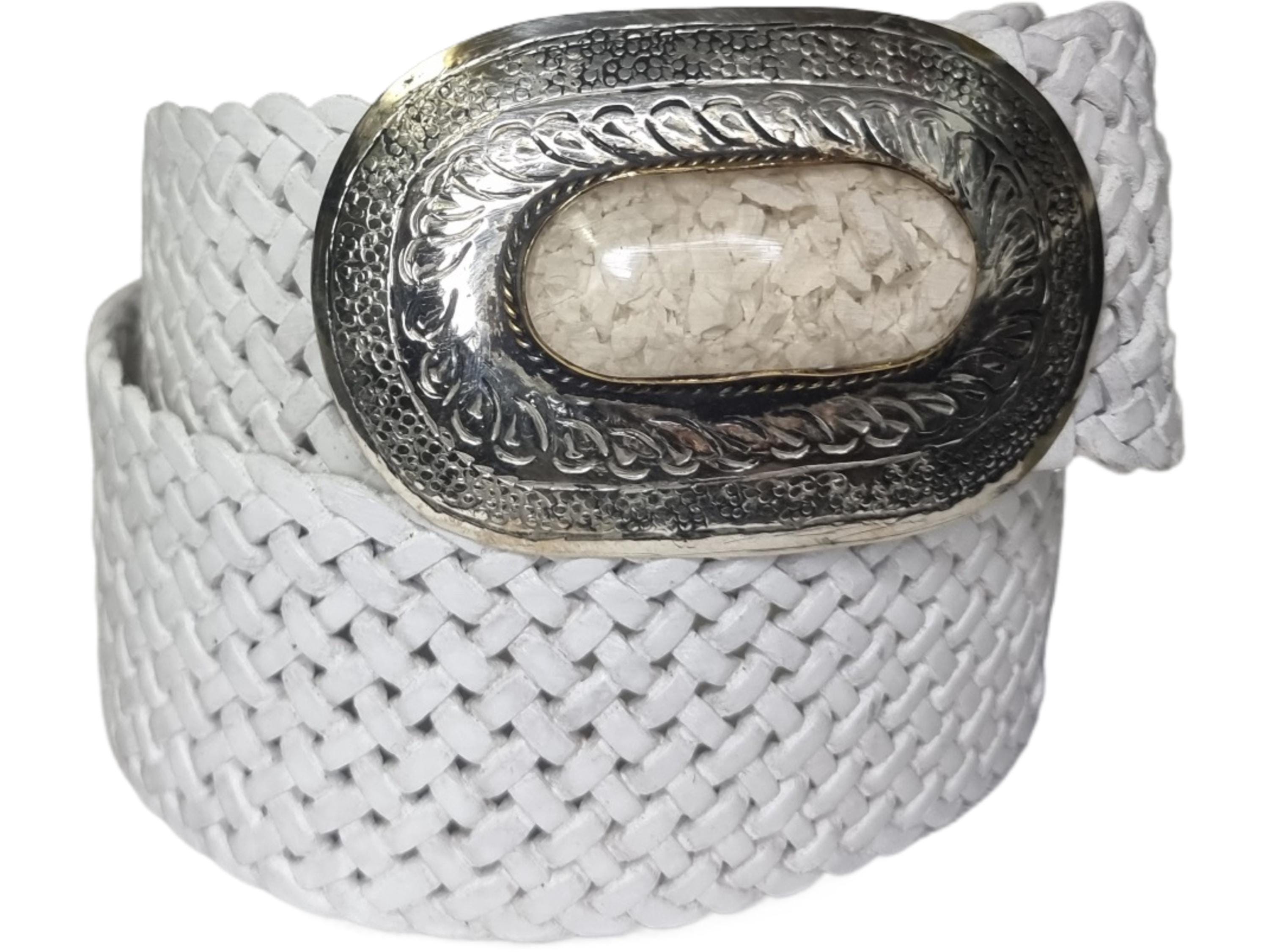White Leather‎ Braided Woven Belt Women\'s XL 28 Silver Buckle 28\