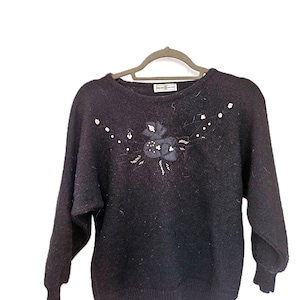 Embellished wool jumpers xs, women&#39;s knit vintage jumper, 50s 60s beaded short crop sweater, floral flower embroidered, warm winter top