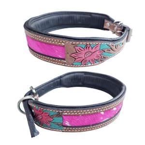 Hand-Tooled Leather Dog Collar: Pink Cowhide Western Floral, Padded Medium Size