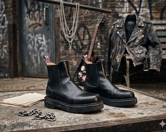 EYTYS Chunky Chelsea Boots UK 6, Black Leather Platform Boots, Square Toe Ankle Boots, Punk Steampunk Biker Boots Women