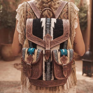 May include: A backpack featuring brown leather with intricate floral tooling, a woven textile panel in black, white, and turquoise, and two front pockets with buckle closures. The bag includes adjustable leather shoulder straps and a top handle.