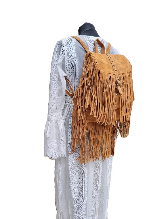 Boho Cognac Suede Fringe Backpack Whipstitch Medallion Festival Bag YSL suede festival fringe backpack from 2016 Heidi... | Depop main image 4