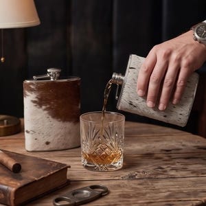 Op de afbeelding: Een met leer beklede heupfles giet amberkleurige vloeistof in een kristallen tumbler. Een andere fles en een sigaar liggen op een houten tafel. Een horloge met een bruine leren band is zichtbaar.