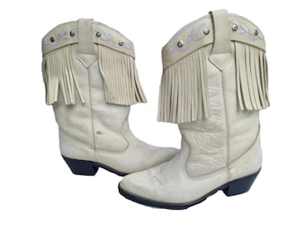 Fringe Leather Cowboy Boots: White Western Cowgirl Booties, US 8 / UK 6