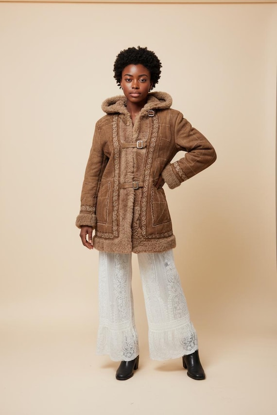 Vintage Embroidered Shearling Duffle Coat, Hooded Patchwork