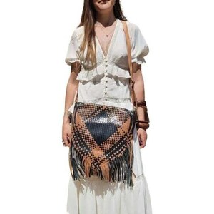 Woven Fringe Leather Crossbody Bag: Vintage Boho Western Purse