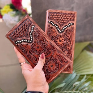 Hand Tooled Leather Long Wallet: Western Floral Design, Silver Studs