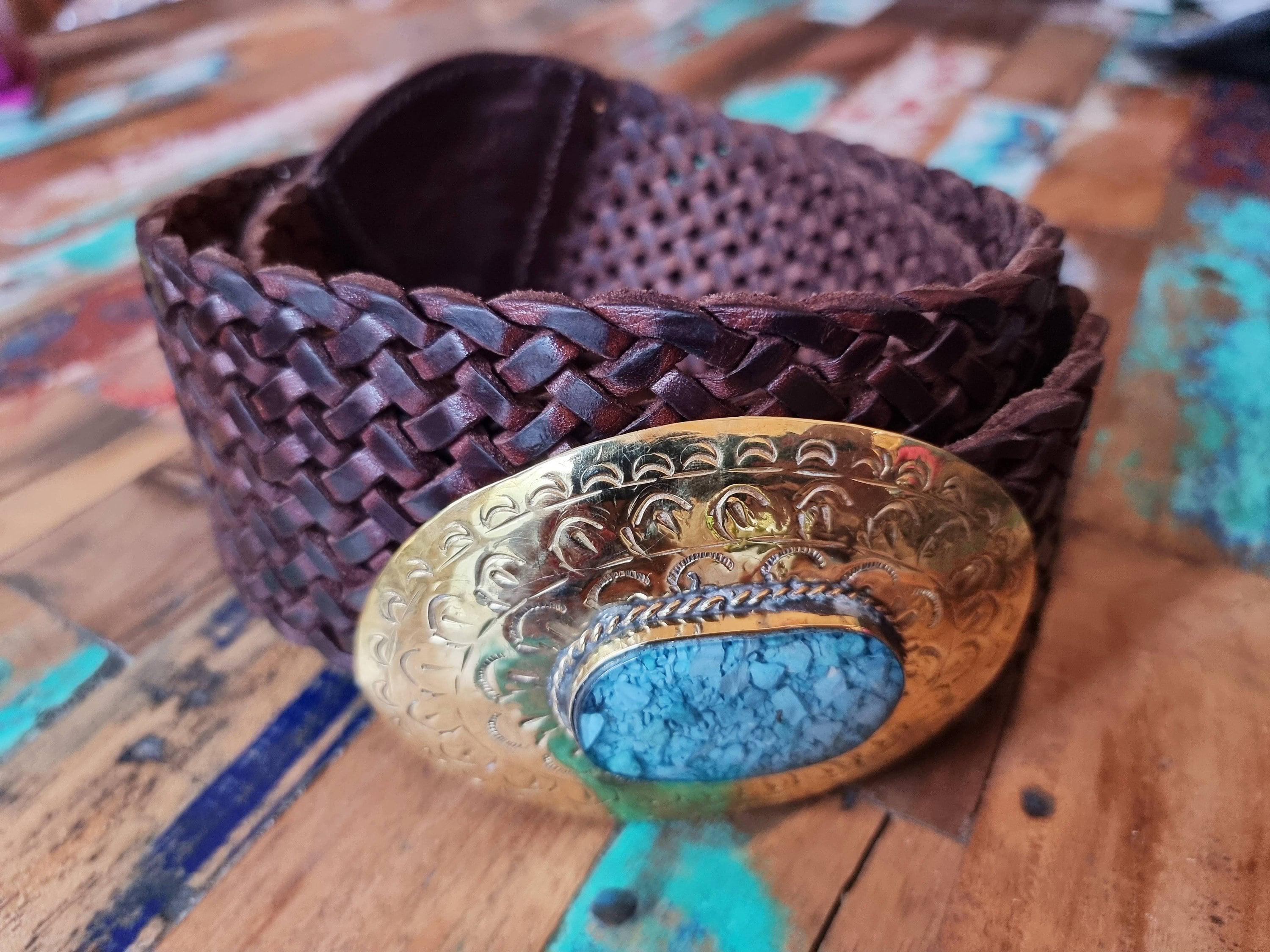 Wide Braided Leather Belt: Boho Western Buckle With Stone - Etsy