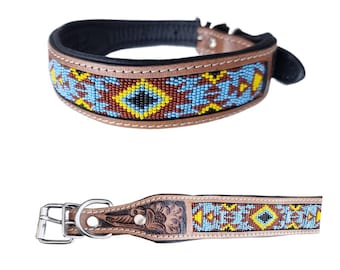 Coleira para cães com miçangas astecas do sudoeste americano - Coleira estilo western para filhotes machos e fêmeas - Couro legítimo de grão integral trabalhado