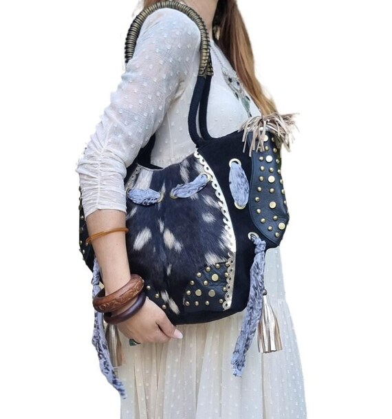 Cowhide & Leather Tote Bag: Studded Western Purse - Etsy