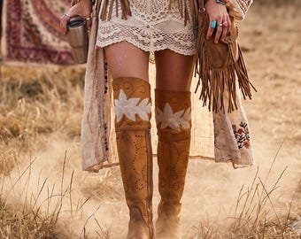 Embroidered Over-the-Knee Leather Boots: Boho Hippie Festival Style (EU 37 / UK 4 / US 6)