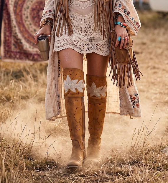 Embroidered Over-the-Knee Leather Boots: Boho Hippie Festival Style (EU 37 / UK 4 / US 6)