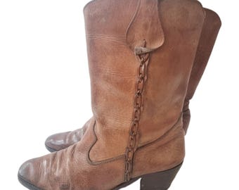 Vintage Leather Cowboy Boots – Tan Brown Western Boots – UK 7 / US 9 / EU 41 – Genuine Leather, Block Heel, Ranch & Biker Style