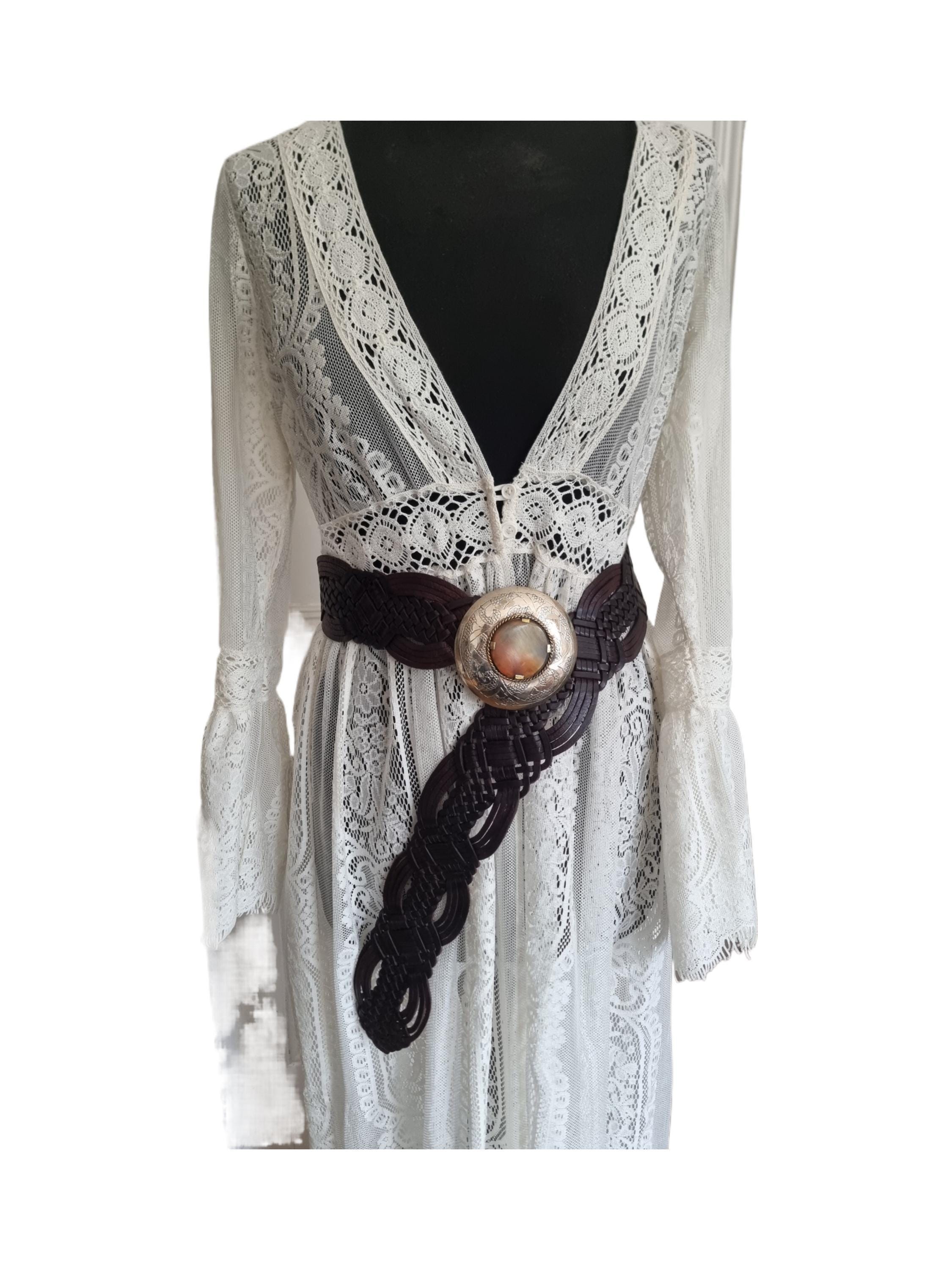 Braided Faux Leather Boho Belt Size S/M Fringe Hippie Statement Cowgirl Western Wide Braided Leather Belt: Boho Western Buckle, Full Grain  main image 2