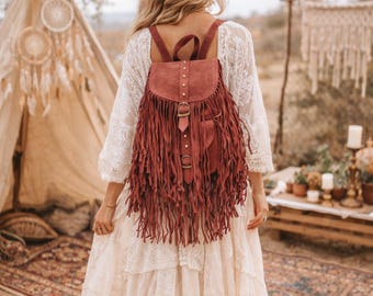 Burgundy Suede Leather Tassel Backpack: Boho Festival Rucksack