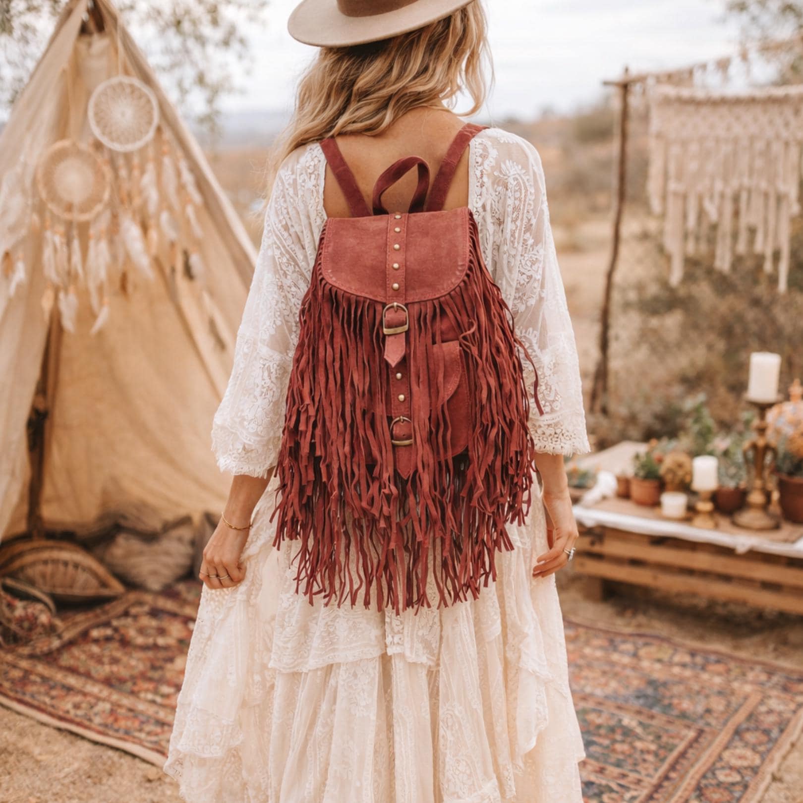 Burgundy Suede Leather Tassel Backpack: Boho Festival  display picture 1