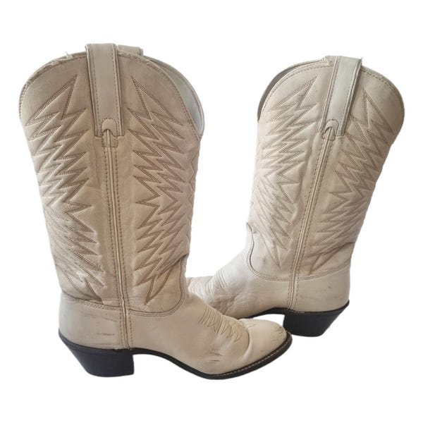 Vintage Wrangler Cowboy Stiefel UK 6 US 8, Creme Weiße American Western Schuhe, 80er 90er Jahre Americana Line Dancing Boots 39