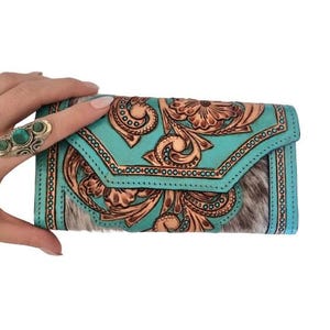 Hand Tooled Turquoise Leather Wallet: Floral Carved Cowhide Clutch