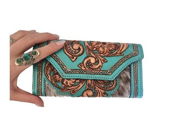 Hand Tooled Turquoise Leather Wallet: Floral Carved Cowhide Clutch