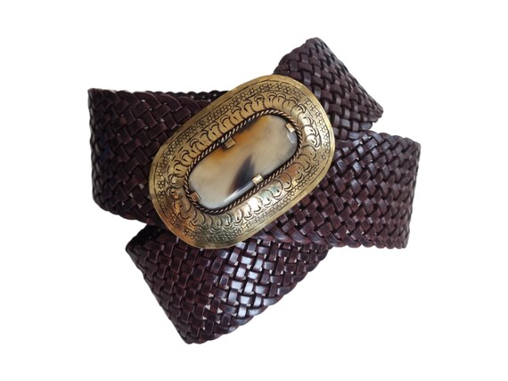Braided vintage Leather Waist Belt - Dark Brown 90s Braided Leather Belt: Dark Brown Woven Trouser Belt  main image 4