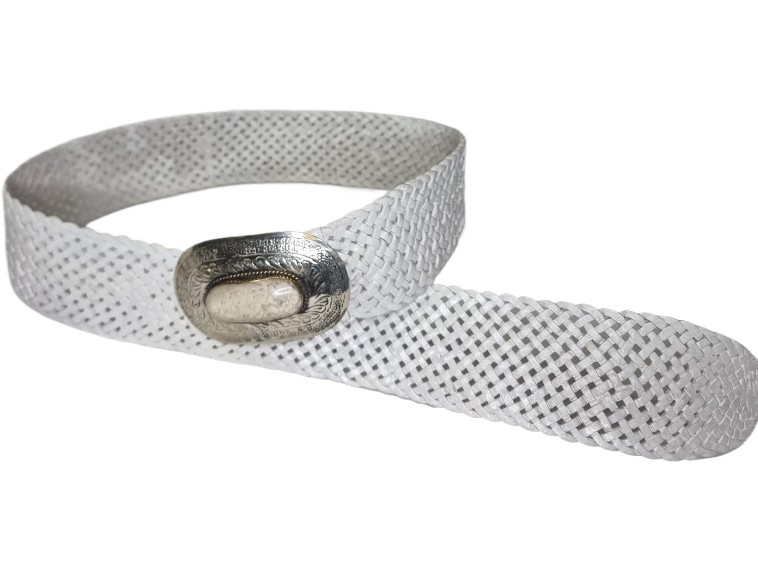 Silver and White Boho waist or Hip Leather belt made in Europe Woven White Leather Boho Belt: Silver Buckle, Moroccan  main image 2