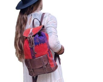 Vintage Woven Rug Leather Backpack, Southwestern Duffle Tote  display picture 3