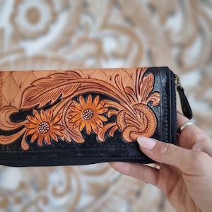 Hand Tooled Leather Wallet: Embossed Floral Design, Zipper Closure