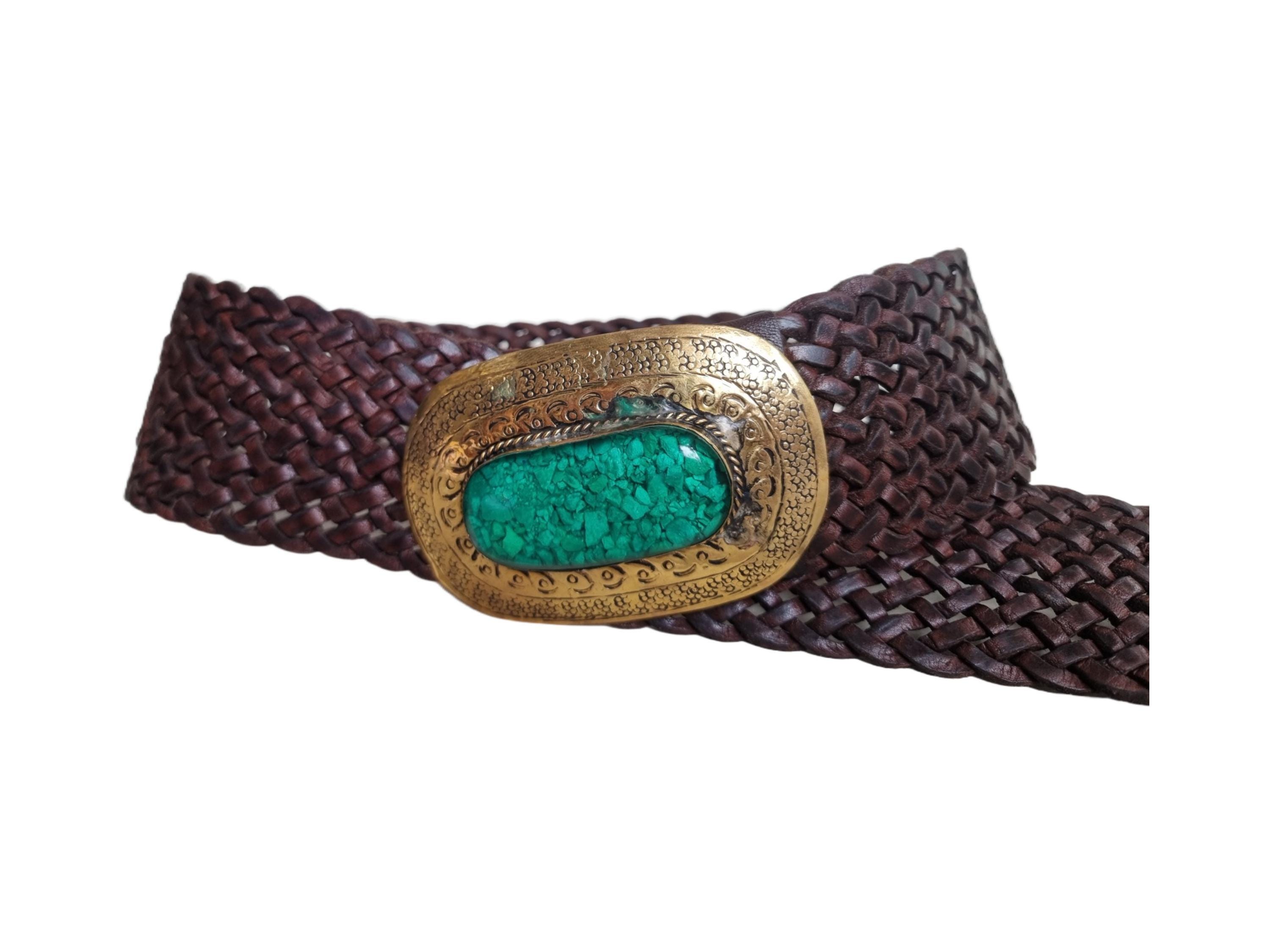 Vintage Wide LEATHER BELT WomenBoho Engraved Gold Western Buckle & Green Stone Western Floral Engraved Buckle Gold Cross Conchos Full Grain  main image 3